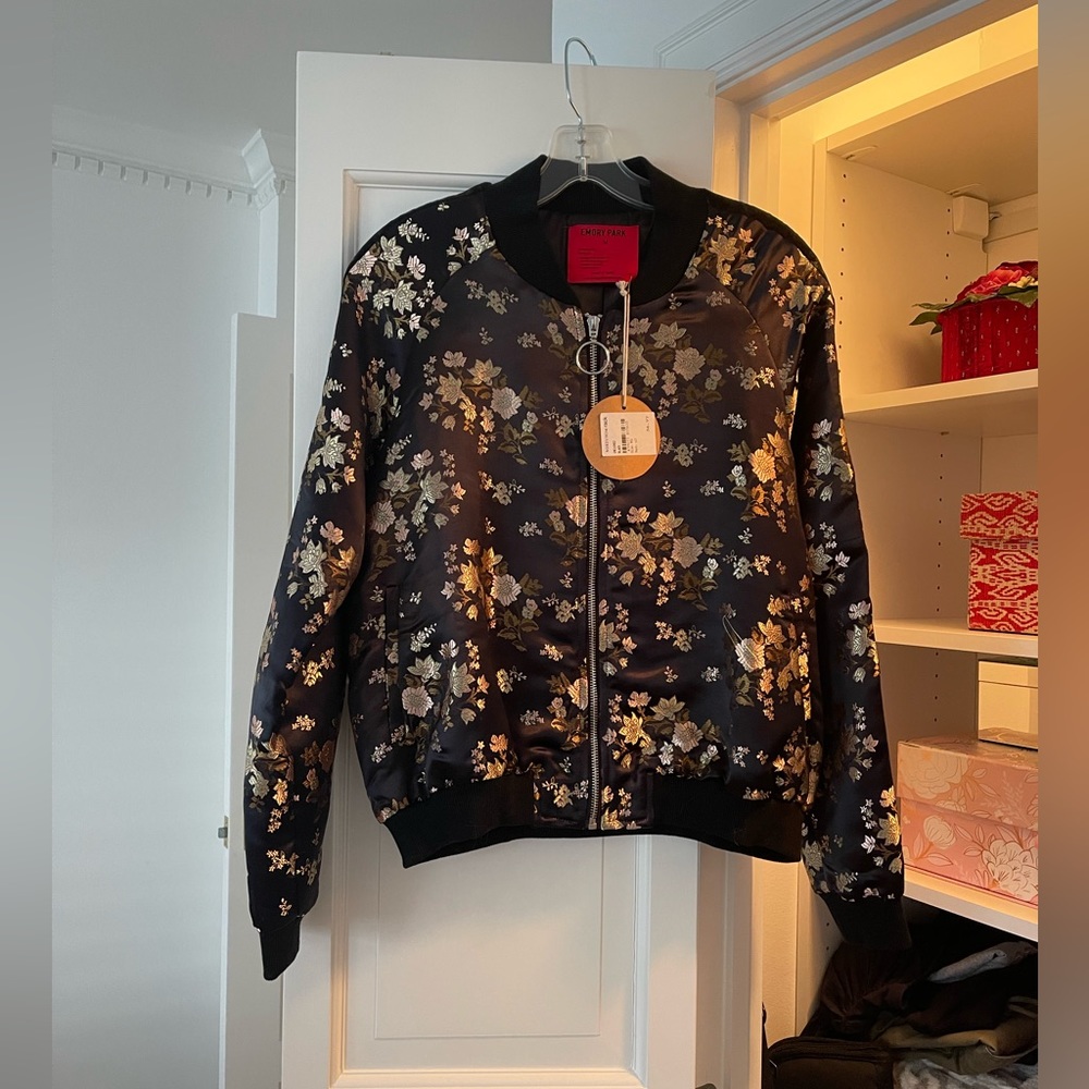 NWT + Satin Bomber + cheer blossoms + velvet details
